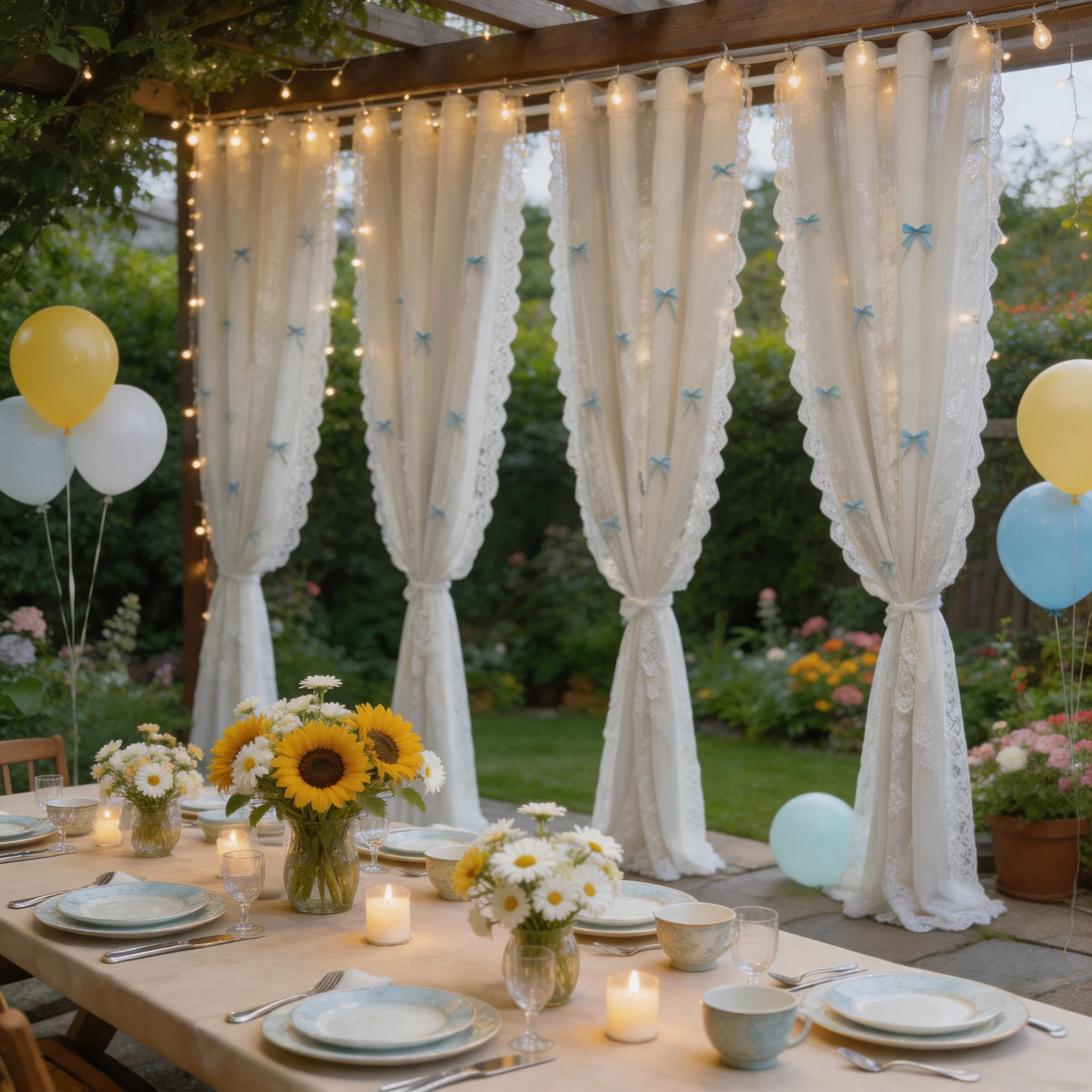 4 Pcs 5ft x 8ft Blue French Style Double Layer Curtains, Full Blackout Backdrop with Lace & Bow Design for Wedding Ceremony, Birthday, Family Gathering Decoration