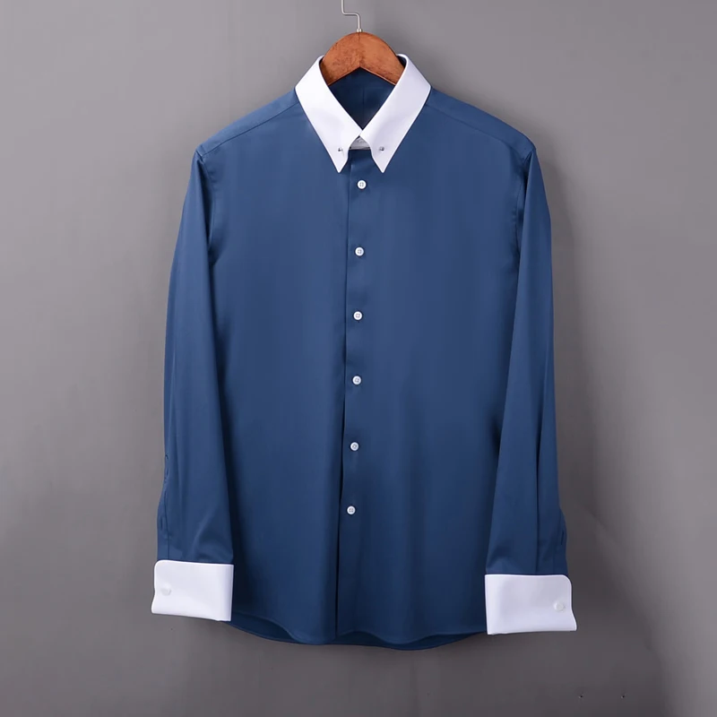 Punhos franceses de colarinho império masculino, camisa de manga comprida, gola neutra, sem ferro, slim fit, no local de trabalho, 100% algodão