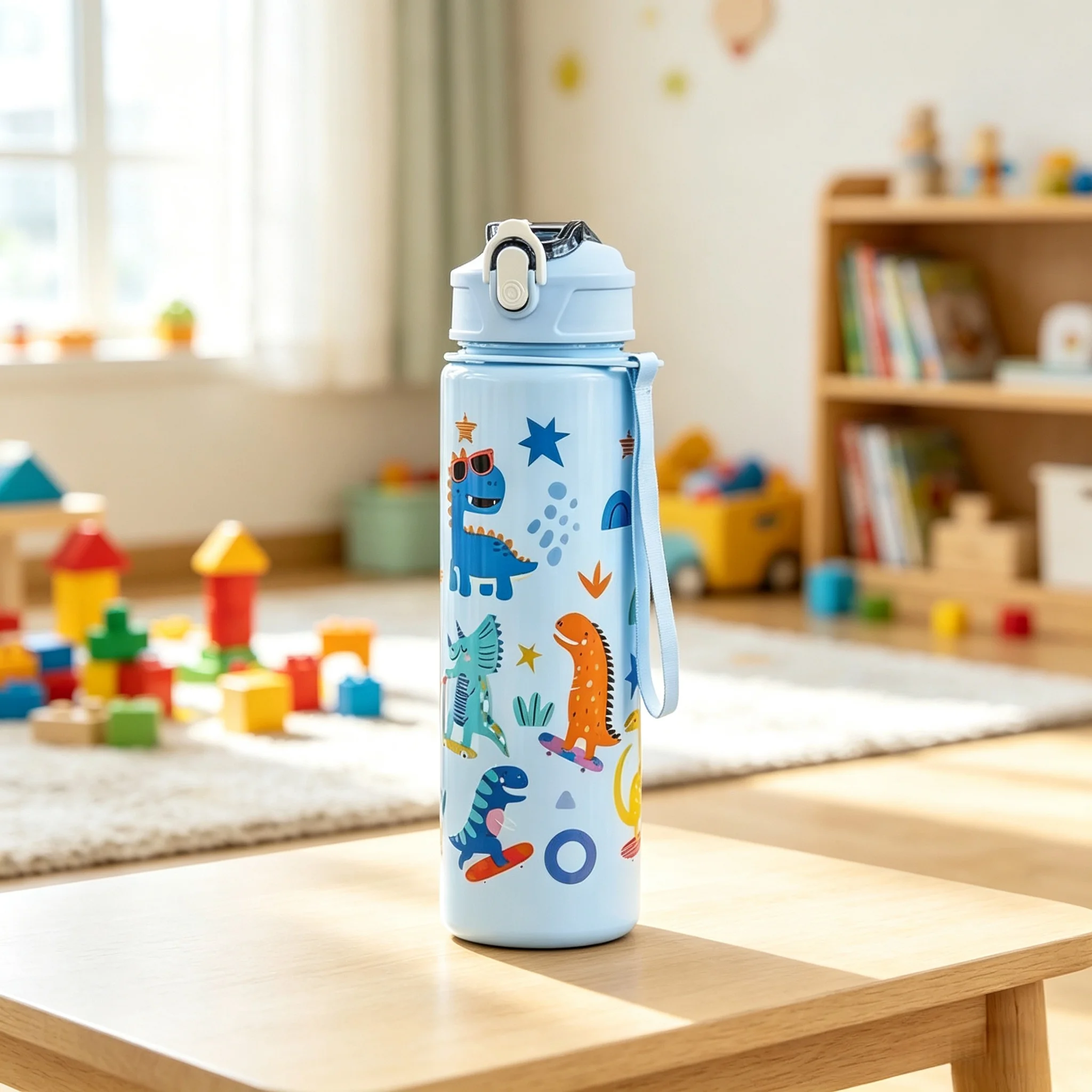 Cartoon Dinosaur Rainbow Marine Pattern Kids Insulated Water Bottle, Pop‑Up Lid Vacuum Cup with Carry Strap for School Outdoor