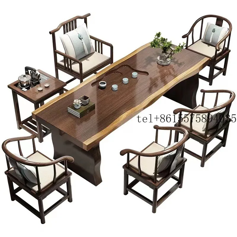 

2026 New Solid wood new Chinese home office full set of log coffee table tea table and chair combination