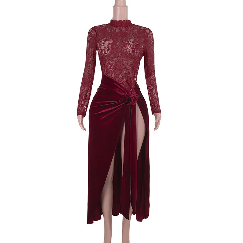 DSMTRC Abito lungo senza schienale a maniche lunghe Vino rosso O Collo Sheer Slit Club Party Abiti lunghi Donna Patchwork di pizzo Velluto Abito maxi sexy