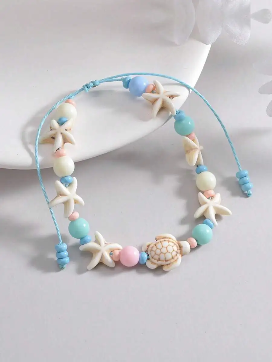 1pc vibrant turquoise starfish anklet woven with Korean wax thread for women view 5