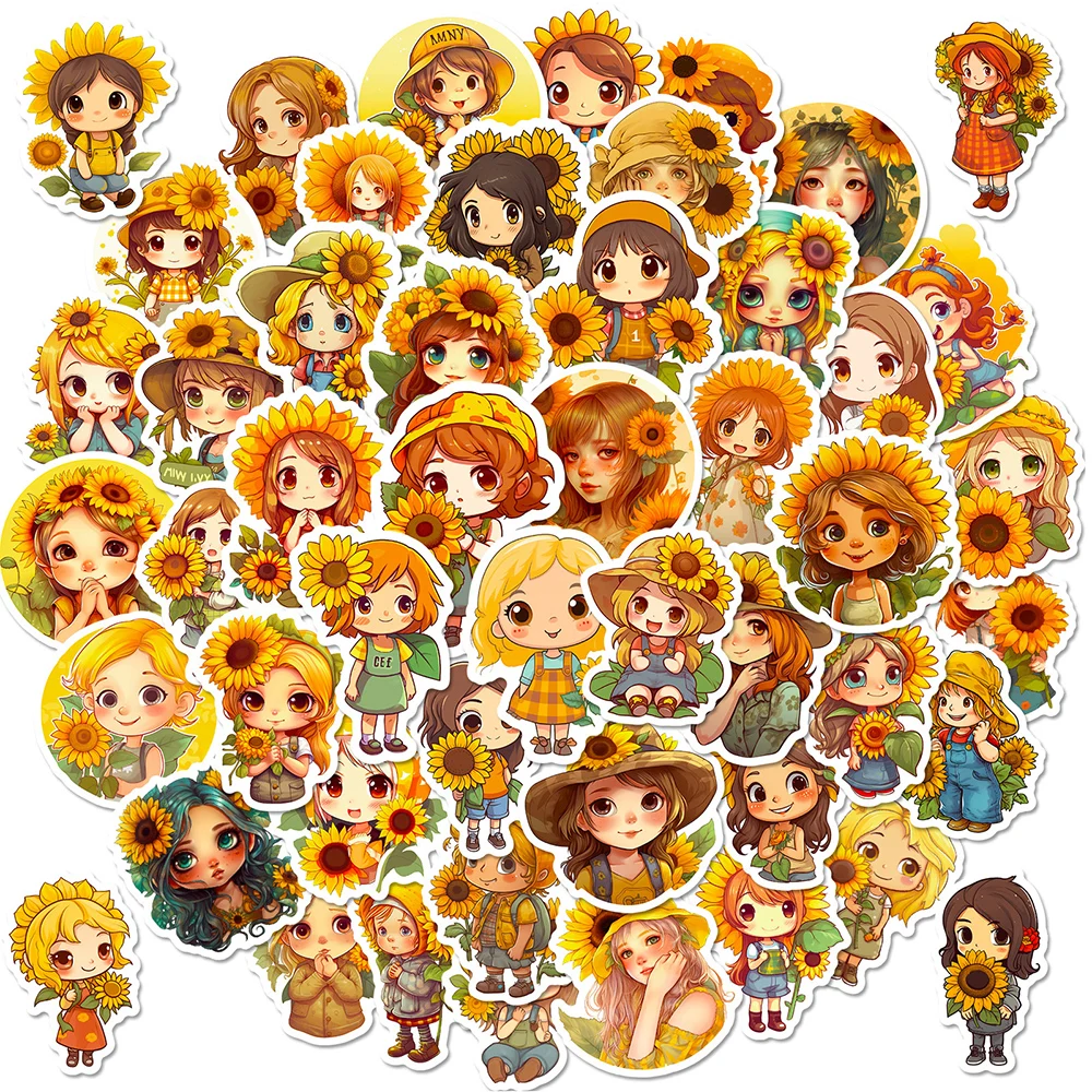 10/30/50pcs Kawaii Sunflowers Girls Anime Stickers Art Flowers Cartoon Sticker for Laptop Suitcase Diary Bike Decorative Decals