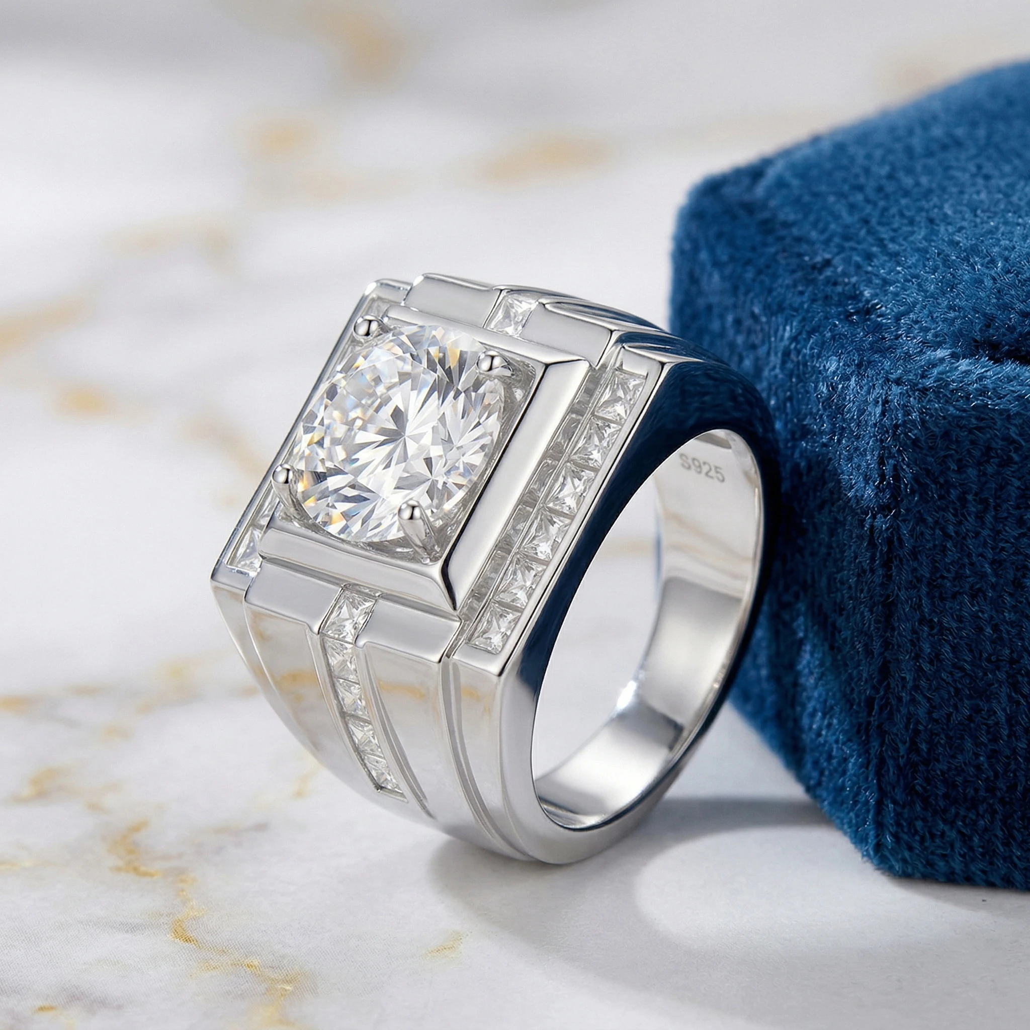 4 Carat Round Moissanite Ring, 925 Silver, D Color VVS1, Square Halo Channel Set, Men's Wedding Band, w/ Cert