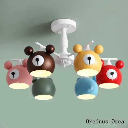 Nordic Modern Simple Colored Bear Chandelier Girl's Bedroom Children's Room Light Cartoon Creative LED Animal Suction Roof Light