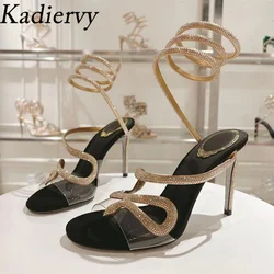 Summer Sandals Woman PVC High Heels Crystal Snake Twine Around Ankle Strap Party Shoes Women Thin Heels Gladiator Sandals Women