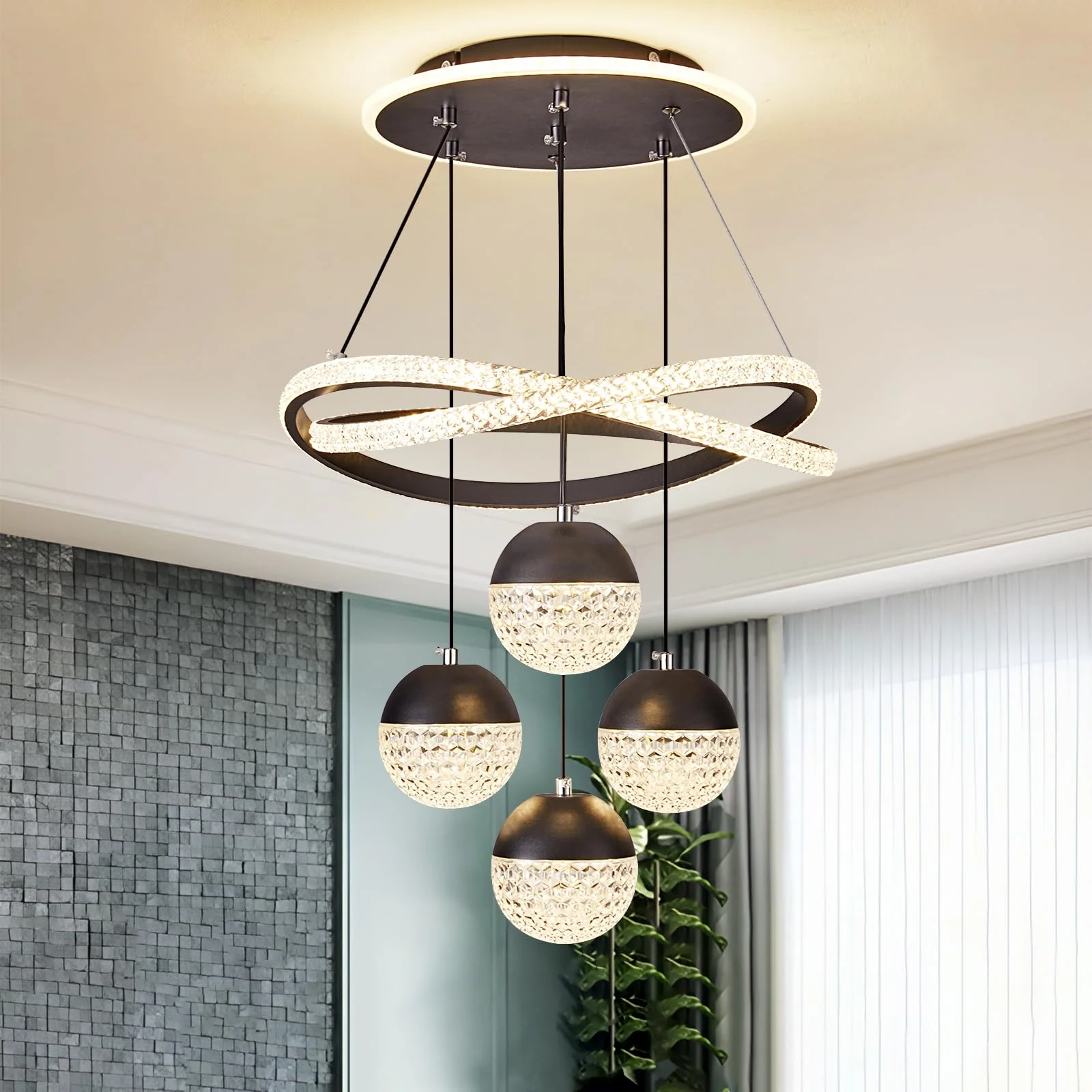 الثريات الحديثة LED 3-Color عكس الضوء سقف معلق ضوء الارتفاع قابل للتعديل لغرفة الطعام غرفة نوم غرفة المعيشة أسود