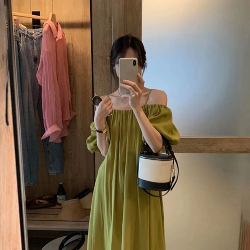 Sexy Off Shoulder Dress para mulheres Casual Summer Dress Girl Solid Party Dress Moda Spaghetti Strap Dress Holiday Dress