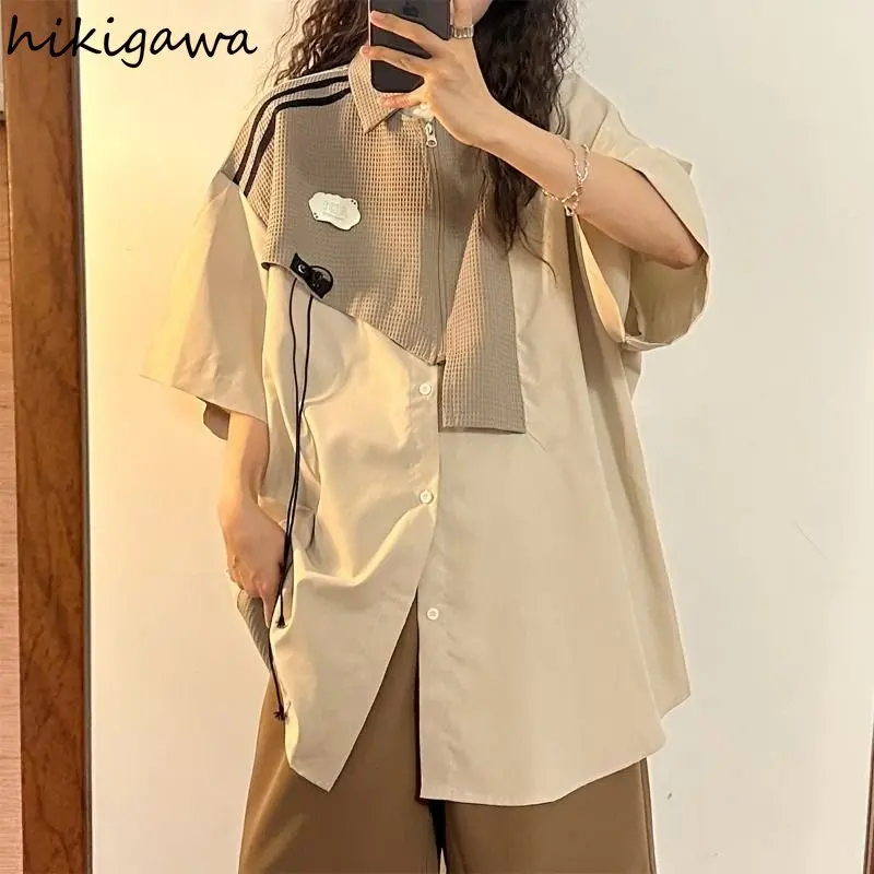 Y2k Women Shirts Patchwork Short Sleeve Casual Blouses 2023 Blusas Mujer De Moda Clothes for Teens Vintage Summer Oversized Tops