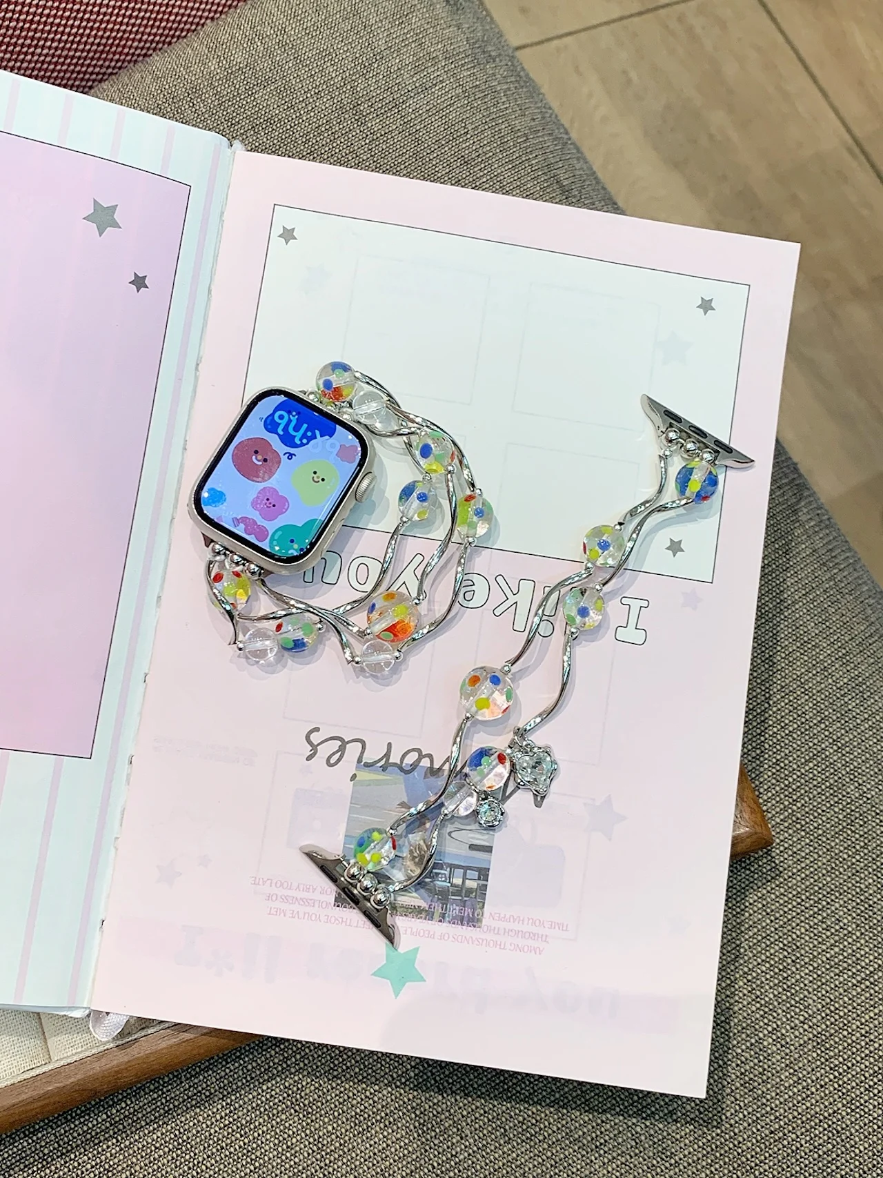Vibrant Glass Bead Strap For Stylish Metal Watch Band For Apple Watch Ultra SE 11 10 9 8 7 Cute Glam Women Daily Wristband