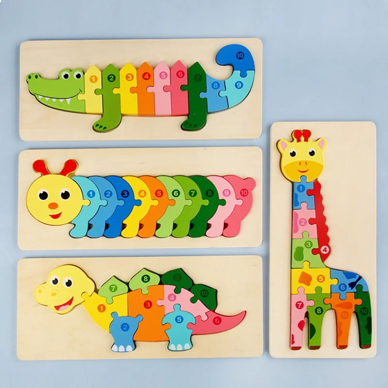Wooden Puzzles for Kids 3D Montessori Cartoon Animals Cognitive Jigsaw Puzzle Early Learning Tangram Toy for Children Gift