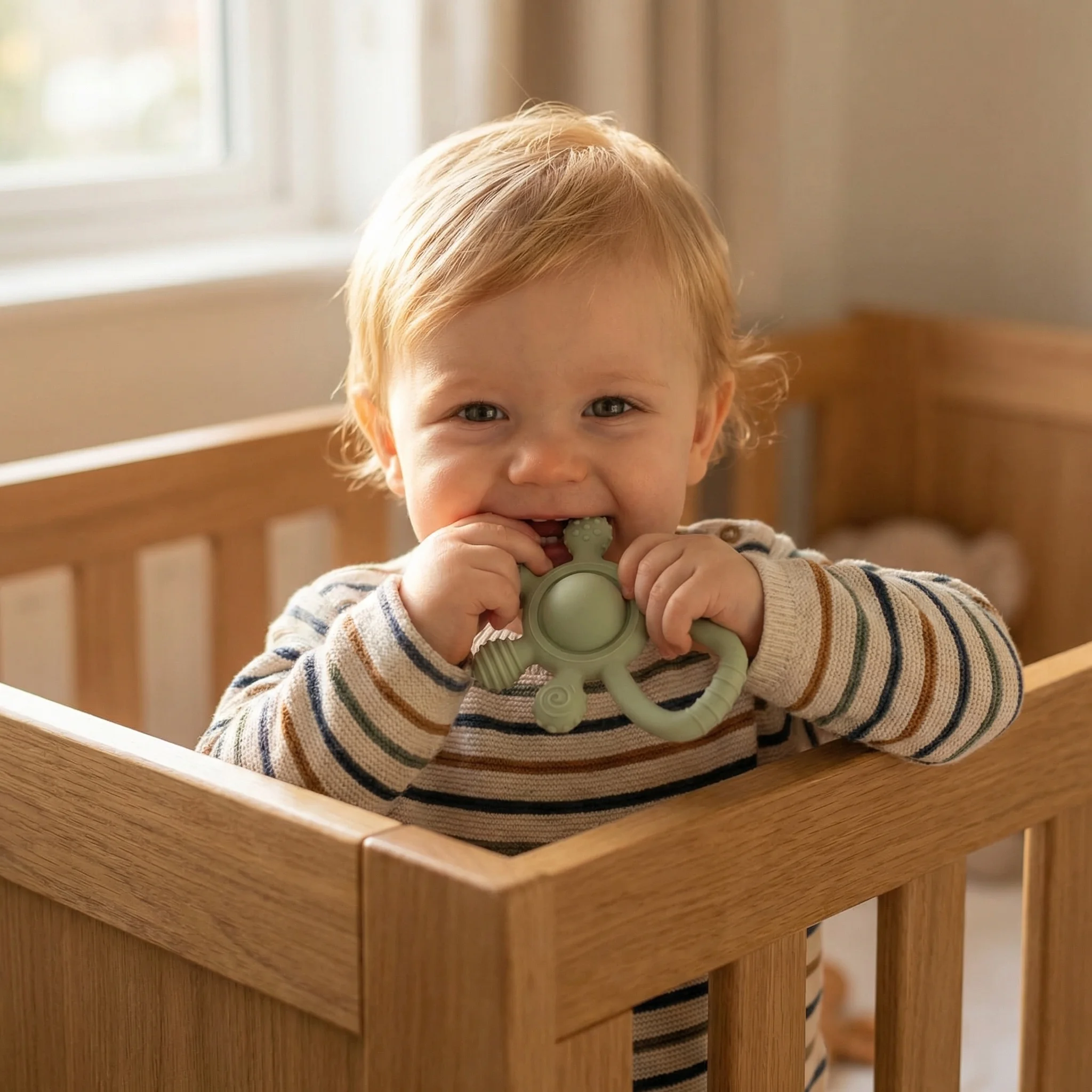 BPA Free Silicone Teether Food Grade Baby 0-12 Toys Teething Rattle Sensory Toys for Toddlers Silicone Hand Bell Soothing Toys
