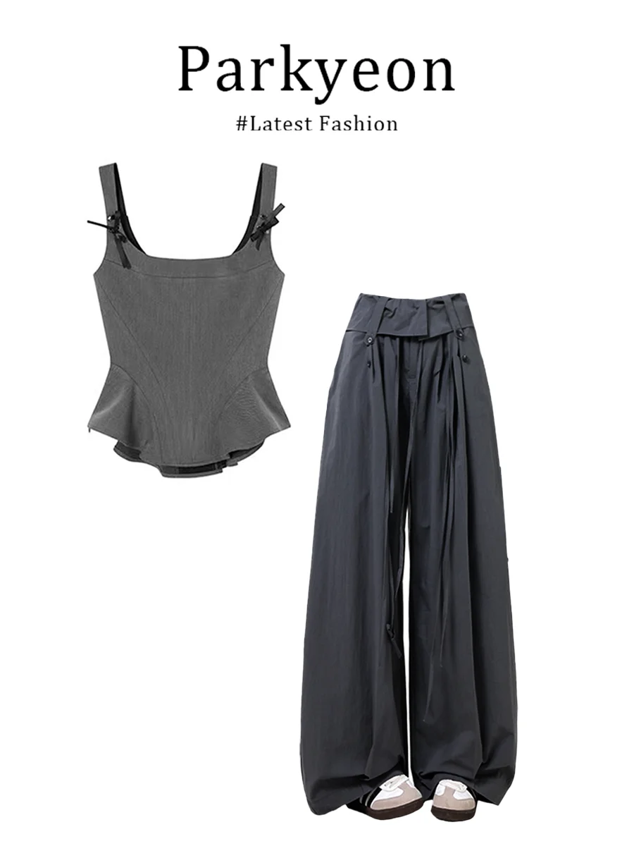 

Parkyeon Summer New Design High Waist Casual Pants Set Beautiful Outfit Vest Top Loose Fit Fashionable Women's Ensemble