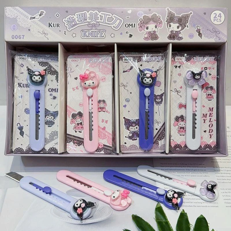 

24pcs Sanrio Art Utility Knife Anime Melody Kuromi Express Box Knife Paper Cutter Wrapping Refillable Blade Stationery Office