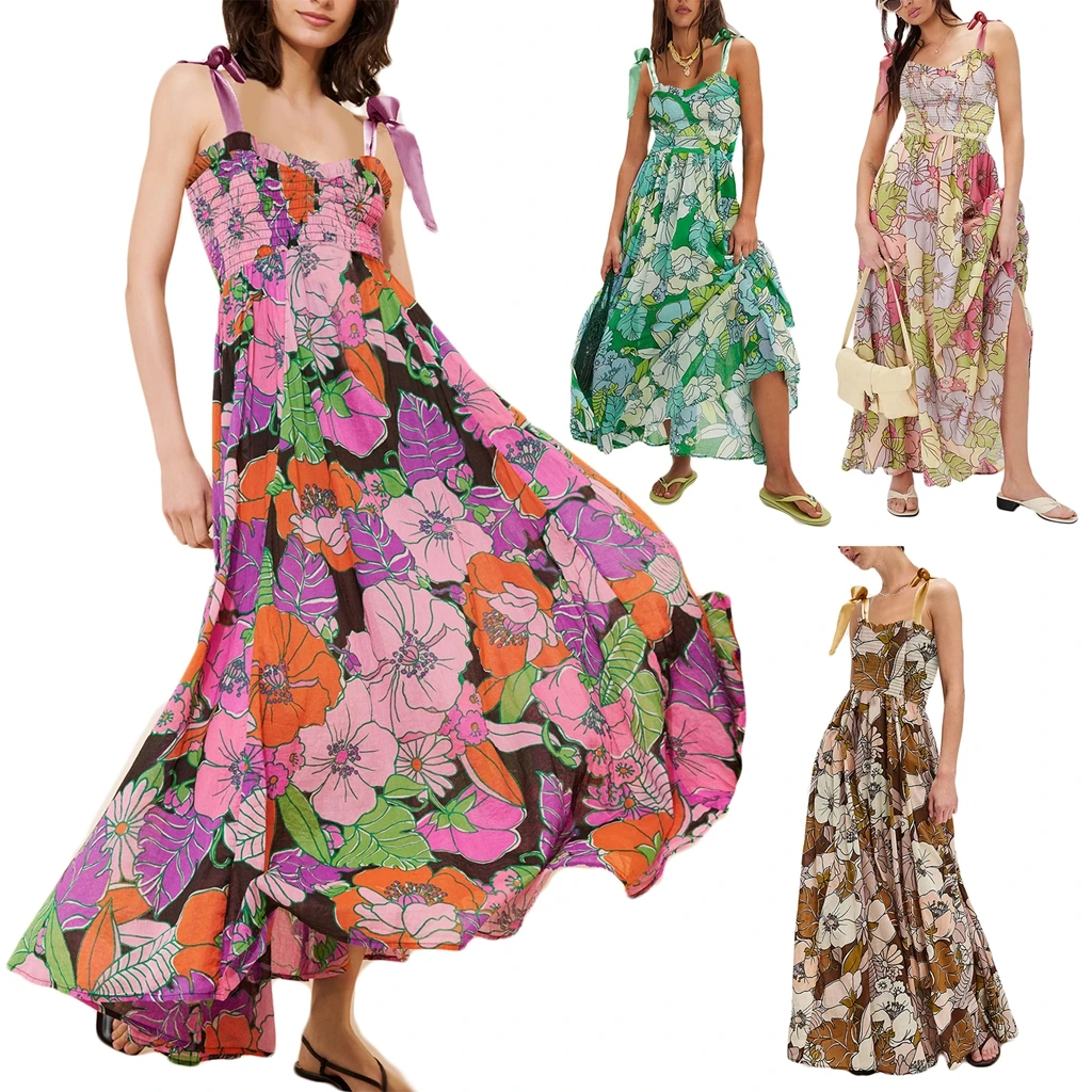 Abito da donna con spalline allacciate Abito estivo senza maniche con scollo a cuore Abito con stampa floreale Abito lungo smock