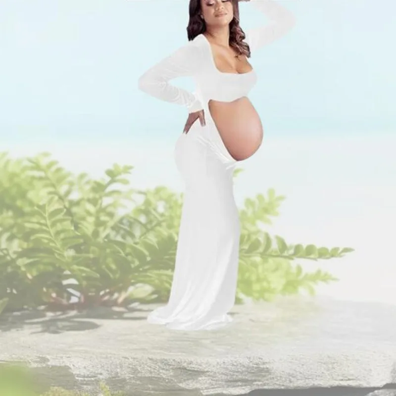 Cut Out Maternity Dress for Photos Open Belly Long Sleeve Photography Gown Square Neck Maternity Outfit Dresses