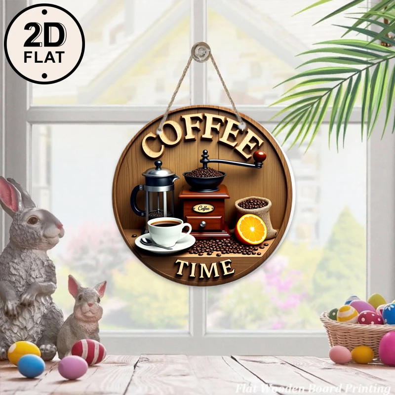 2D Flat Printing - 1pc Time Wooden Home Decor Hanging Sign, with Machine Cup, Grinder, Beans And Orange Design, Ideal for Kitche