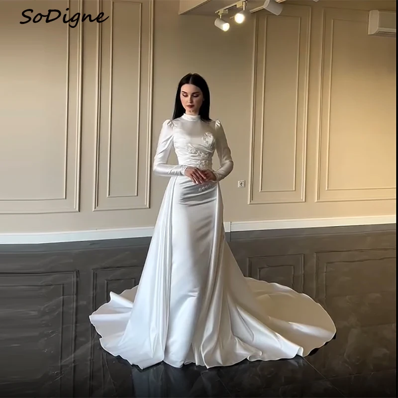 

SoDigne Mermaid Satin Wedding Dresses High Neck Full Sleeves Bridal Dress Detachable Train Bride Gown Robe De Mairee ﻿Customized