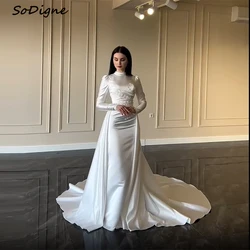 SoDigne Mermaid Satin Wedding Dresses High Neck Full Sleeve Bridal Dress Detachable Train Bride Gown Robe De Mairee ﻿Customized