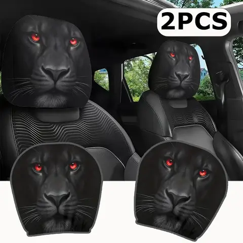 Red Eye Lion Car Headrest Cover, Double Sided King of Beast Design, Fierce Auto Interior Decor & Headrest Protector