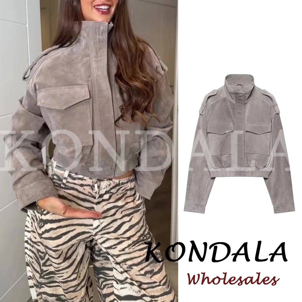 KONDALA Vintage Graue PU Streetwear Damenjacke Mode 2026 Herbst Reißverschlusstasche High Street Chic Moderne Kurze Damenjacke