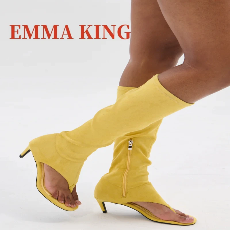 النساء هريرة كعب ثونغ الأحذية الإناث المفتوحة تو تمتد تصميم حذاء برقبة للركبة الربيع الصيف موضة المدرج الأحذية بوتاس دي Mujer