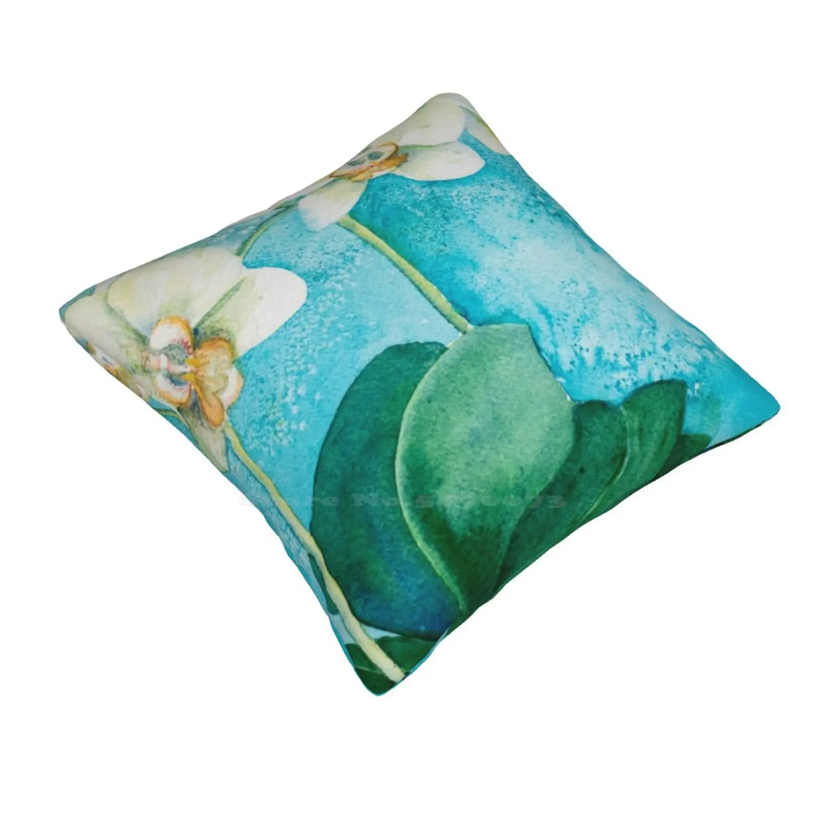 White Orchid Funny Cute Decor Square Pillowcase Orchid Flower Turquoise Blue White Green Leaf Leaves Exotic Bloom Blossom Plant