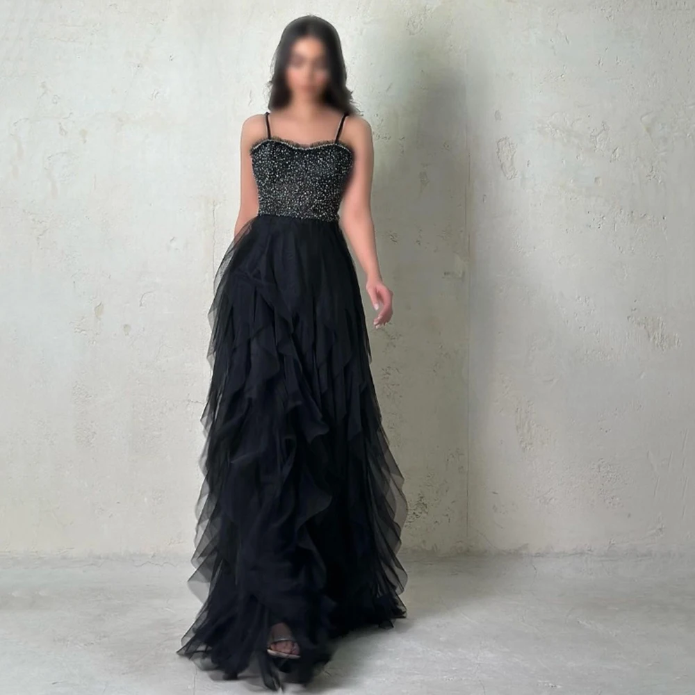 Customized Yipeisha Simple Strapless Black Tulle Evening Dresses Sparkly Sequined Spaghetti Pleat Reach Floor Length Formal Gala