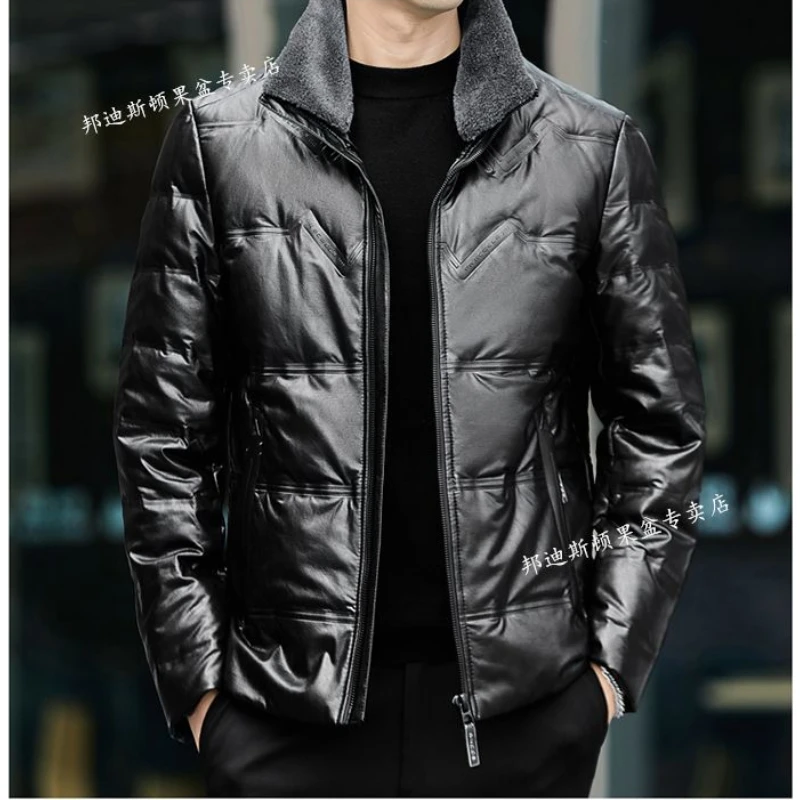 Higher Quality Mens Leather Jacket Winter Windproof 90% White Duck Down Down Jacket Collar Thick Warm Coat Outwear Puffer Coats