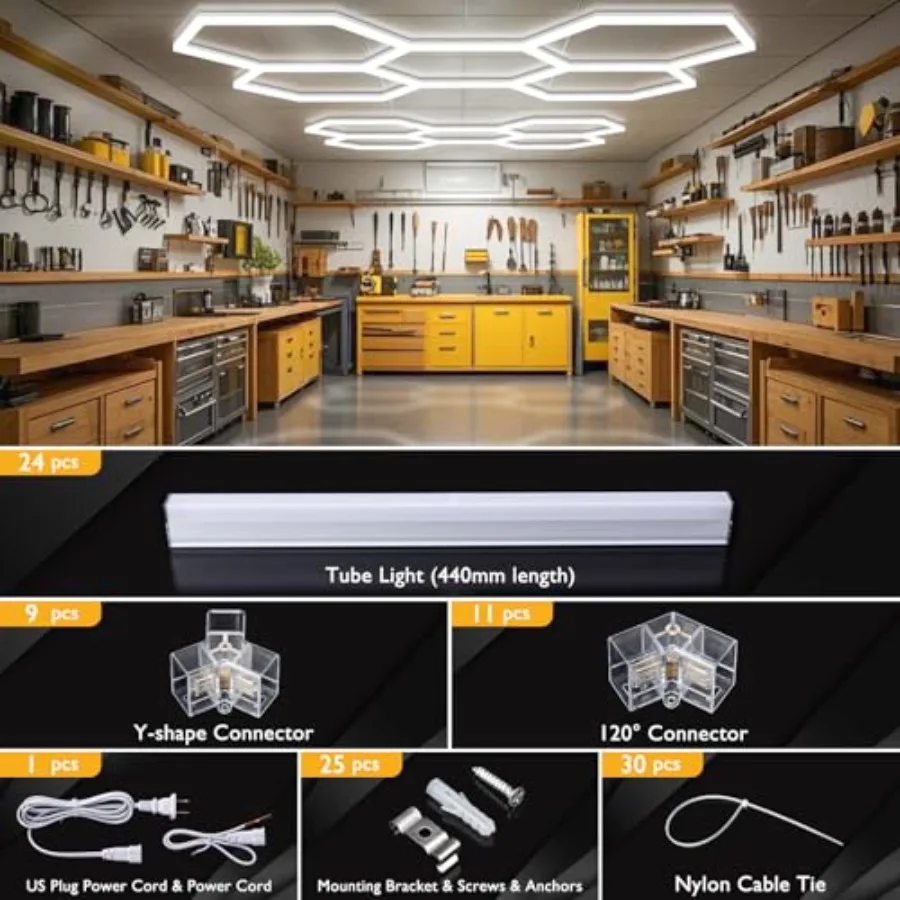 Hexagon Garage Lights, LED Honeycomb Lights Ceiling, 192W, 23040LM, 6500K Super Bright, 5 Grid Systems Car Detailing Light for view 5