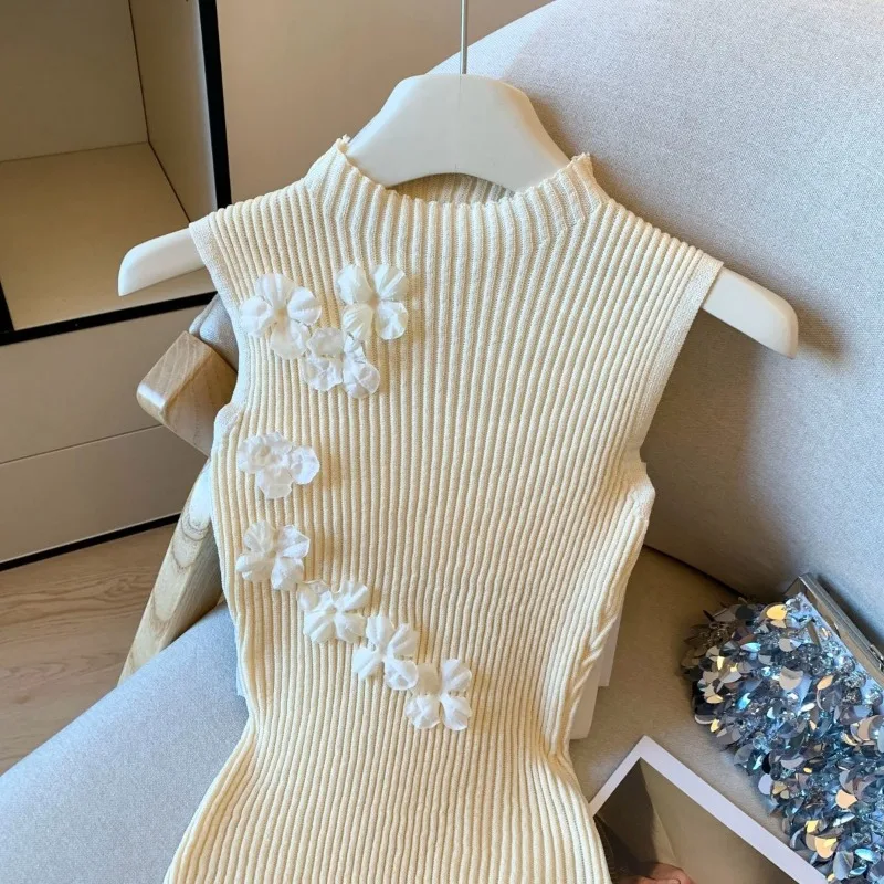 خريف جديد مزاجه Pitted سترة الحمالة المرأة ضيق ثلاثي الأبعاد زهرة الحرير الجليد محبوك للارتداء الخارجي