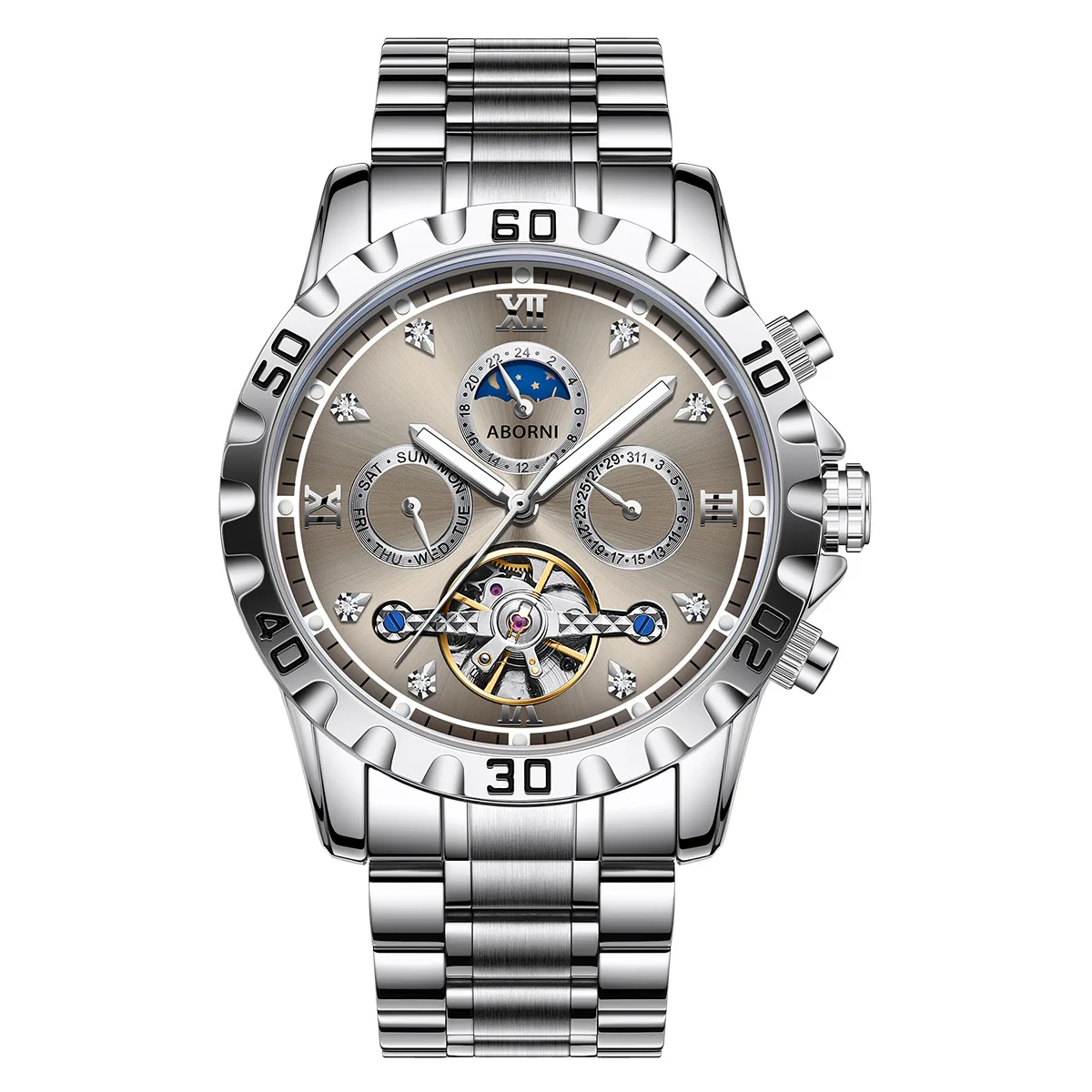 

Luxury Mens Mechanical Watch Stainless Steel Strap Skeleton Tourbillon Automatic WristWatch Multifunction Self Winding Clock