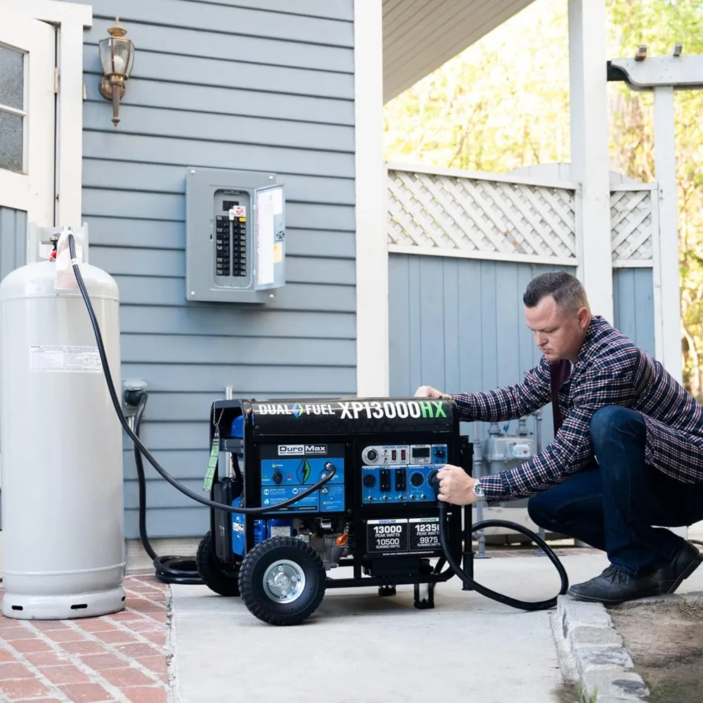 Dual Fuel Portable Generator - 13000 Watt Gas or Propane Powered - Electric Start W/ CO Alert, 50 State Approved, Blue