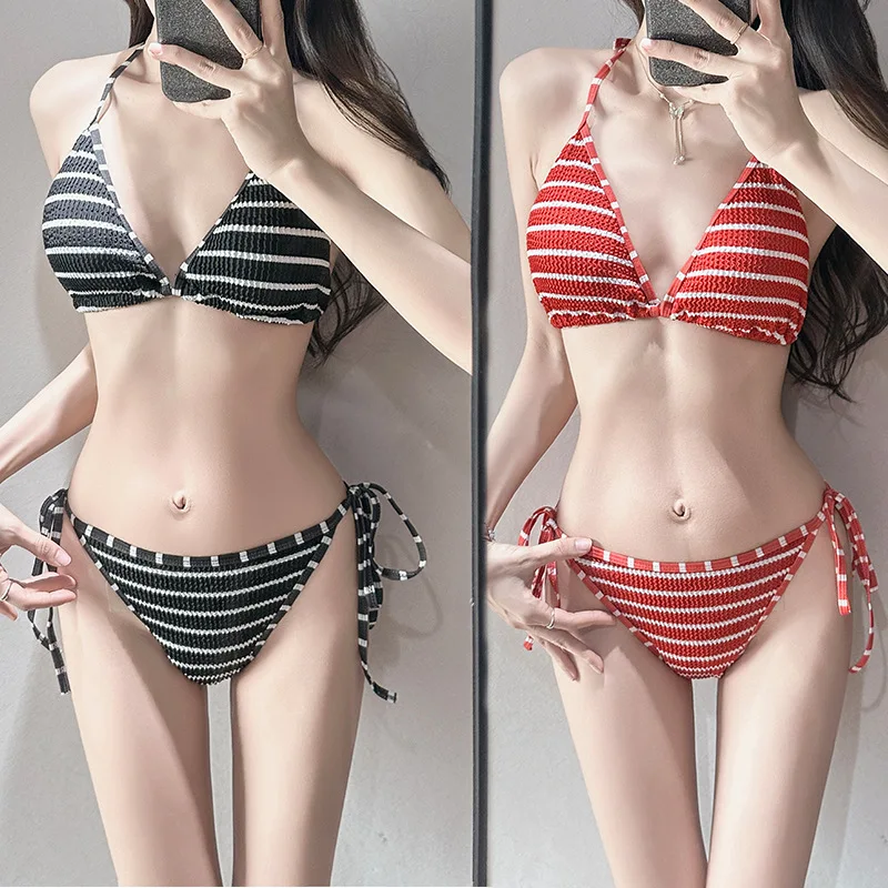 Conjunto de Bikini a rayas rojas para mujer, traje de baño Sexy con abertura para Spa, tentación, estilo de vacaciones, Trikini Spice Girls con cubierta