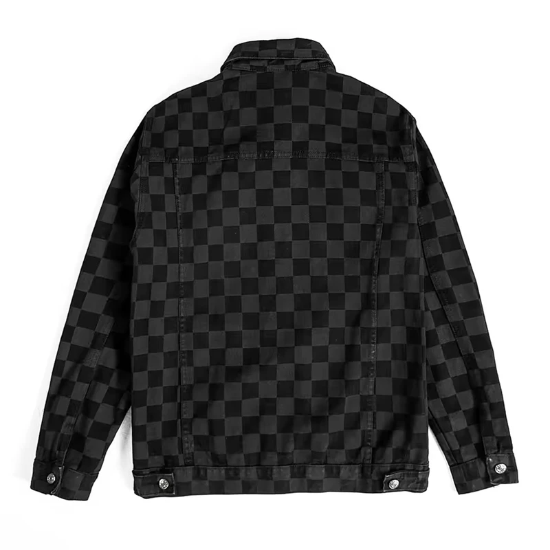 Men Check Print Denim Jacket Casual Loose Plaid Jean Coat Black Long Sleeve Outerwear