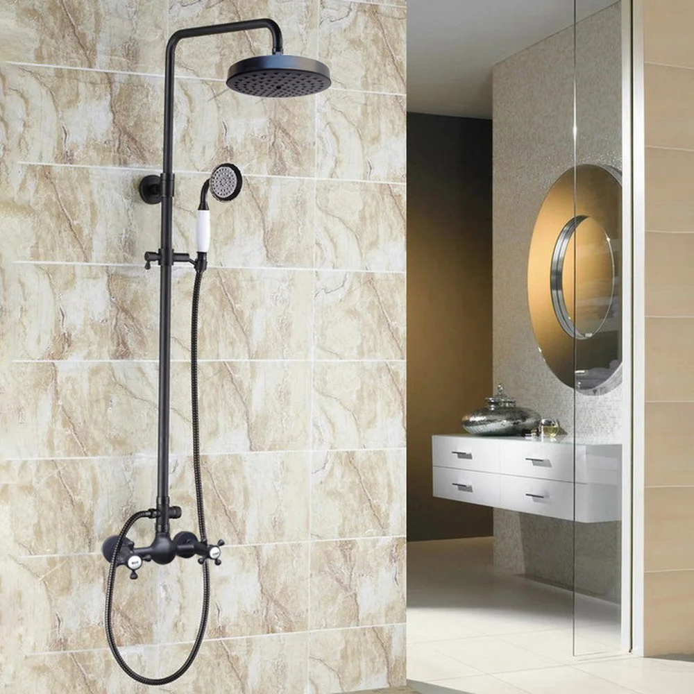 Juego de grifería para baño con acabado en latón pulido negro, con doble manija cruzada, grifo mezclador de ducha redonda de 8 pulgadas, ducha de mano mrs495