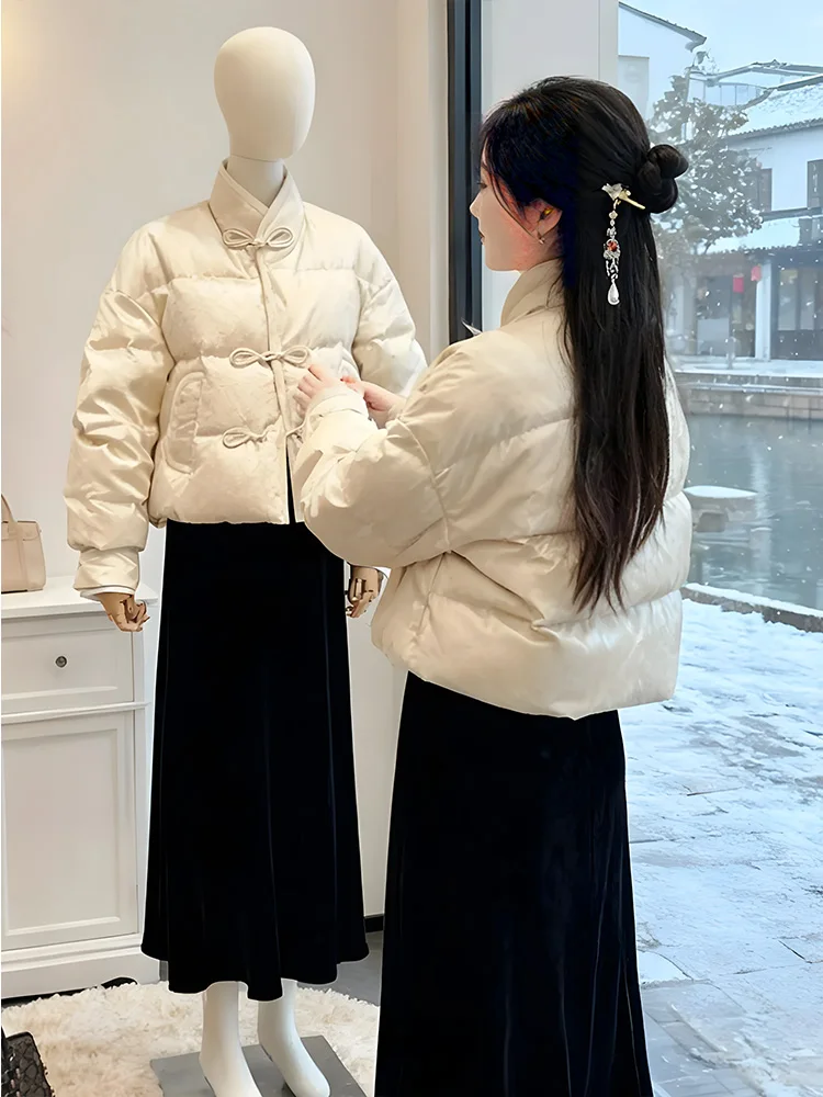 New Chinese Style Cotton Jacket Women's Fashionable Warm Outerwear with Button Design Autumn Winter Loose Fit Long Sleeve Coat