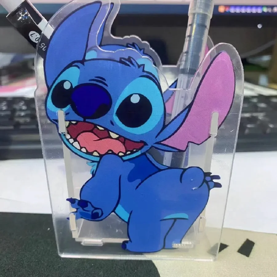 Suporte de caneta acrílico de desenho animado Stitch, mesa multifuncional transparente, organizador de caixa de armazenamento de papelaria de grande capacidade,