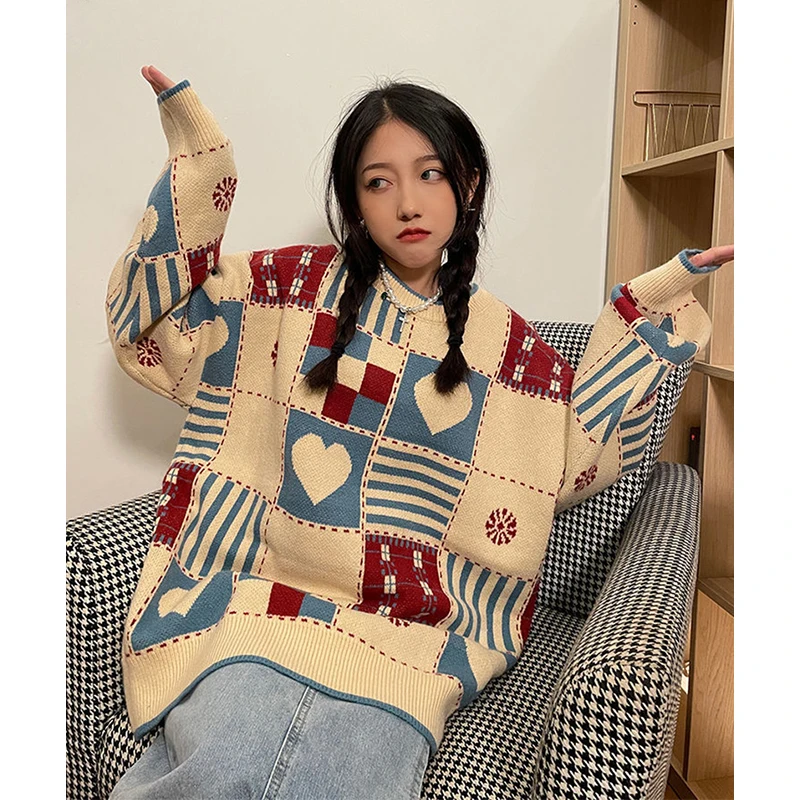 Vintage Sweater Women Plaid Love Knitwear Harajuku Oversized Print Knit Jumpers Streetwear Korean Heart Casual Pullovers Tops