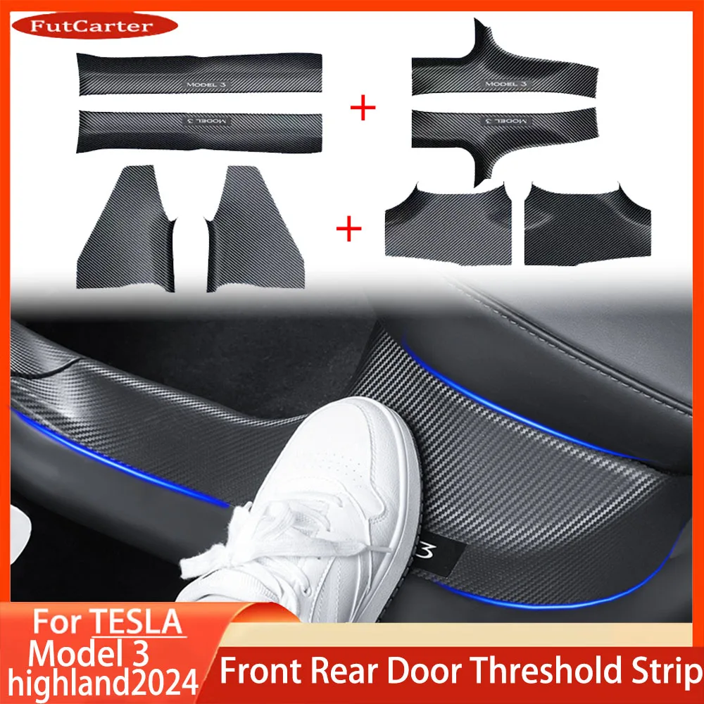 2 4 8Pcs For Tesla Model 3 Highland 2024 ABS Front Rear Door Sill Protector Threshold Strip Anti-kick Guard Panel Waterproof Pad