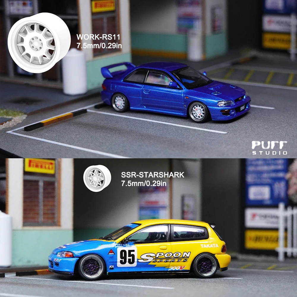 PUFF 1/64 Ruote Disco Freno Diametro 7.5mm Multi raggi Con Pneumatici In Gomma Modello Parti di Veicoli RacingToy Tomica 4 pezzi Set