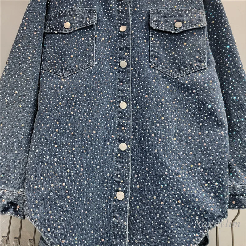 European Style Hot Drill Top Women 2024 Autumn New High Temperature Rhinestone Single-Breasted Denim Shirt Jacket