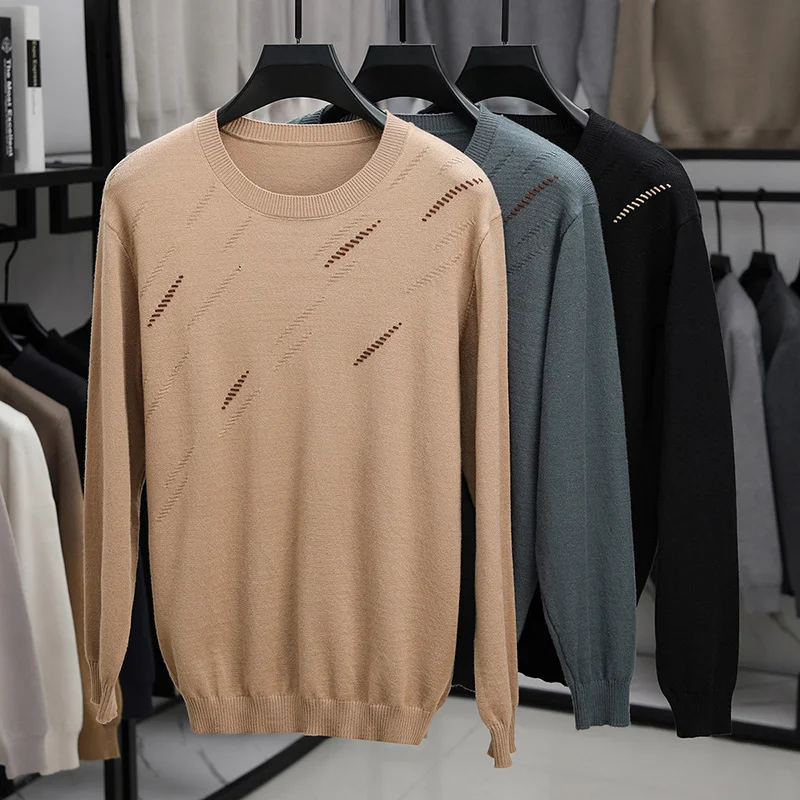 

Мужская вязаная футболка, весенне-осенний шерстяной топ с длинными рукавами, модный повседневный базовый слой, модный жаккардовый тонкий свитер с круглым вырезом