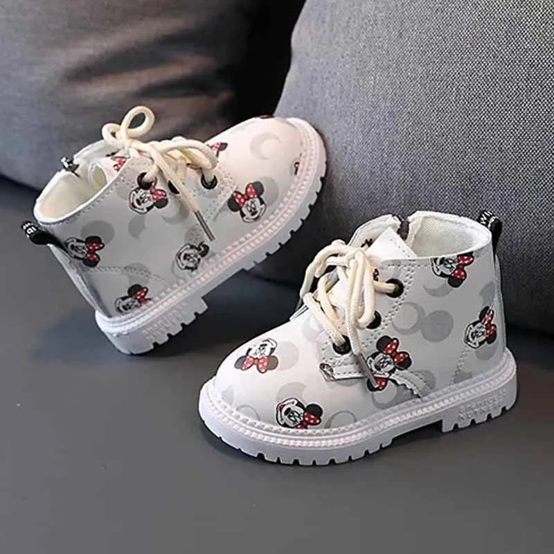 Disney Autumn\'s New Cute Mickey Mouse Short Boots Small and Medium-sized Children\'s Fashion Cartoon Casual PU Leather Boots