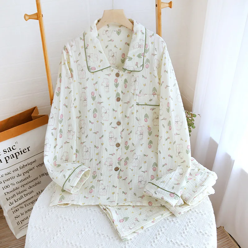 Autumn Sleepwear Pajama Girl Underwear Women\'s Set Long Sleeve Pajamas Pure Cotton Floral Home Wear Nightwear For Woman