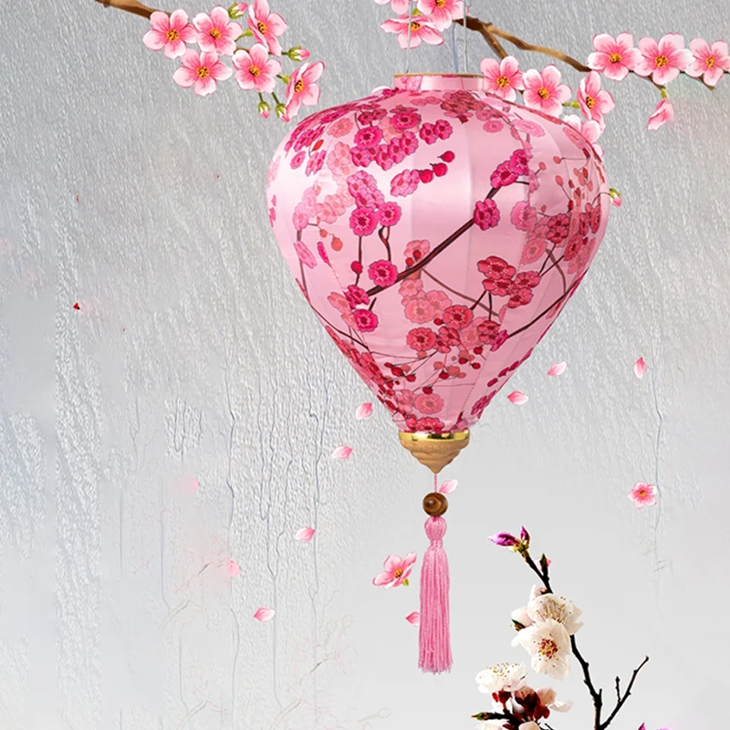

12/14 Inch Chinese New Year Decor Satin Silk Lantern Plum Blossom Pattern Traditional Festival Hanging Lantern Party Decor