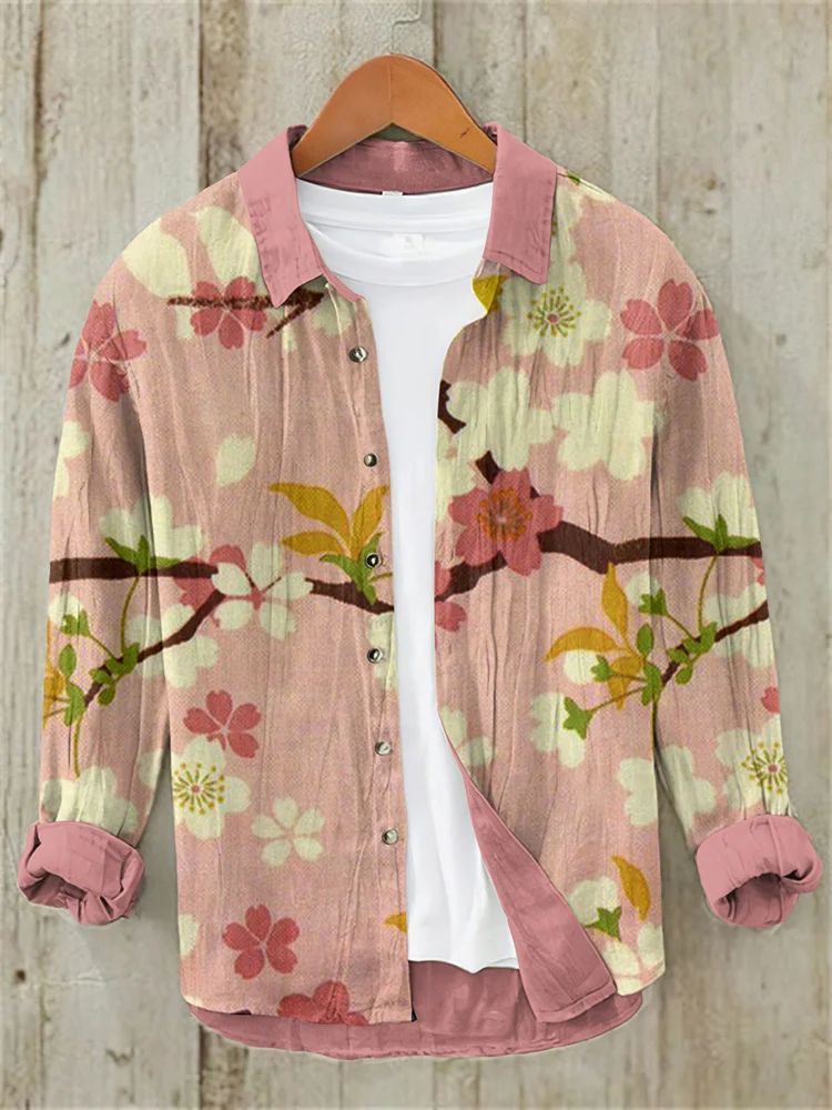 New Linen Printed Long Sleeve Shirt flower Traditional Pattern Art Hawaiian Shirt Men's Super Large Size S-5XL Fast Shipping
