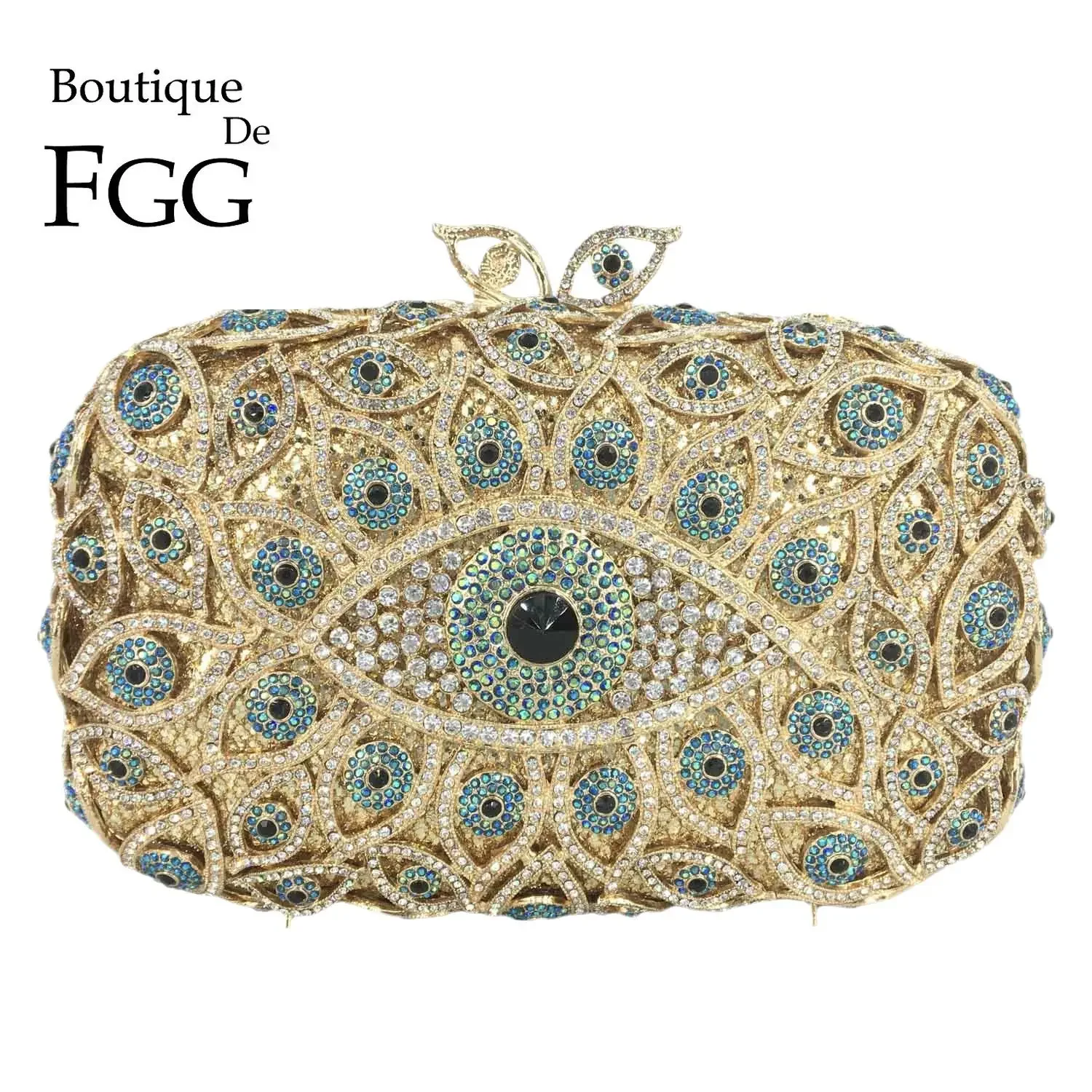 Boutique De FGG (in stock) Evil Eye Women Crystal Clutch Evening Minaudiere Bags Party Dinner Rhinestone Handbags Bridal Purse