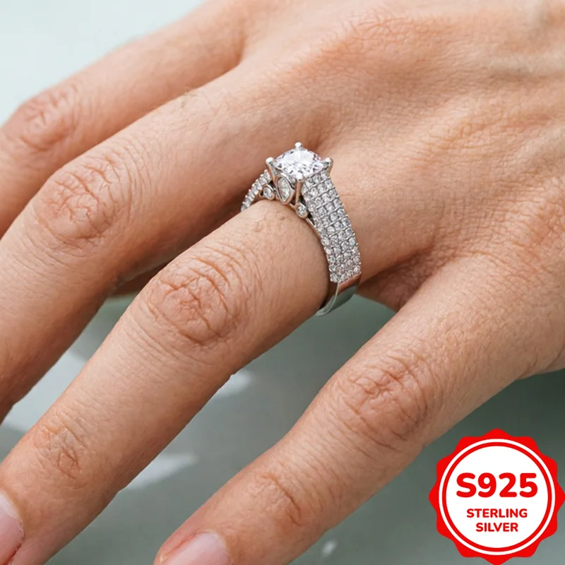 Fashionable and Versatile Authentic S925 Silver Simple Commuter Ring Four-prong Square Zircon Ring