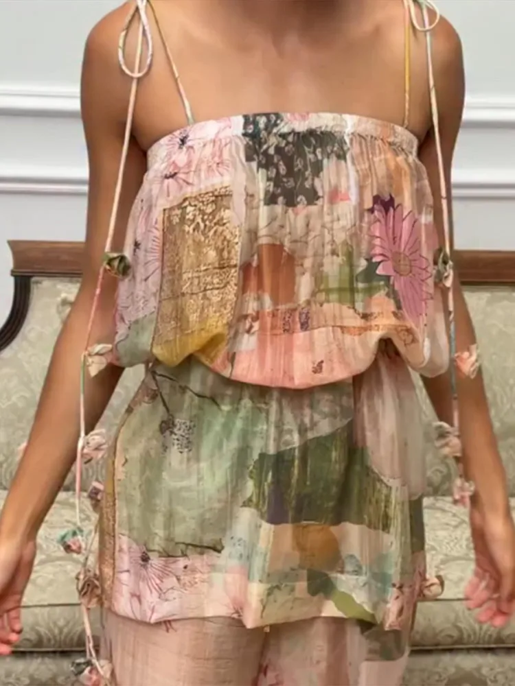 3D-Blumenbedruckte Spitzen-Oberteile mit Schnürung und Hosenanzüge für Damen, sexy ärmellose, rückenfreie, schmale Oberteile, weit geschnittene Hosen, charmante Damen-Outfits, neu – Detail 1